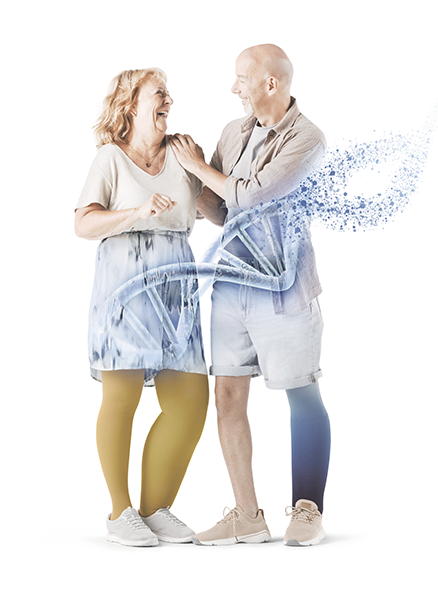 Deux personnes qui se sourient. Au premier plan, une représentation graphique de l'ADN