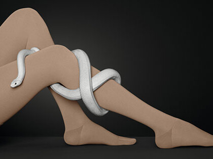 One leg with a compression stocking. A snake winds around the leg.